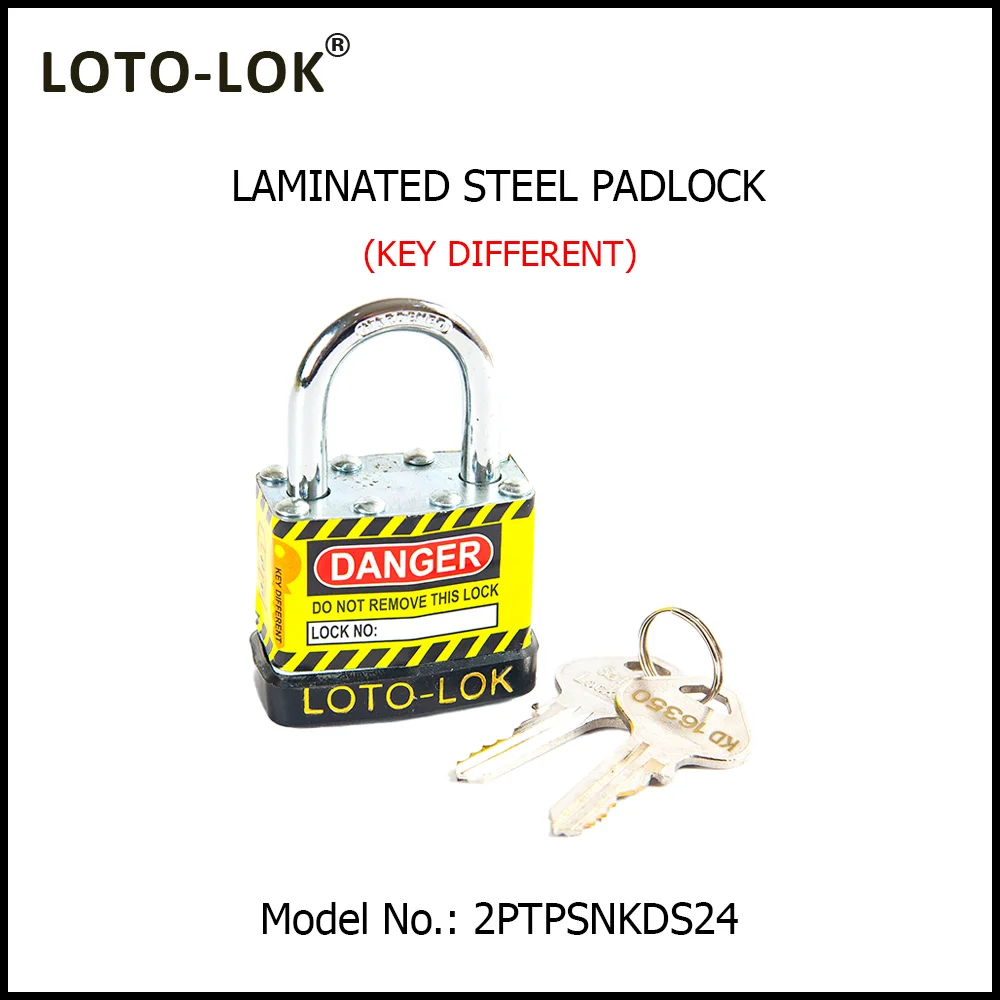 Laminated Steel Safety Lockout Padlock - Steel Laminated Body with REGULAR Chrome Plated Steel Shackle, with NOIR (BLACK) color Bumper. Model No: 2PTPSNKDS24