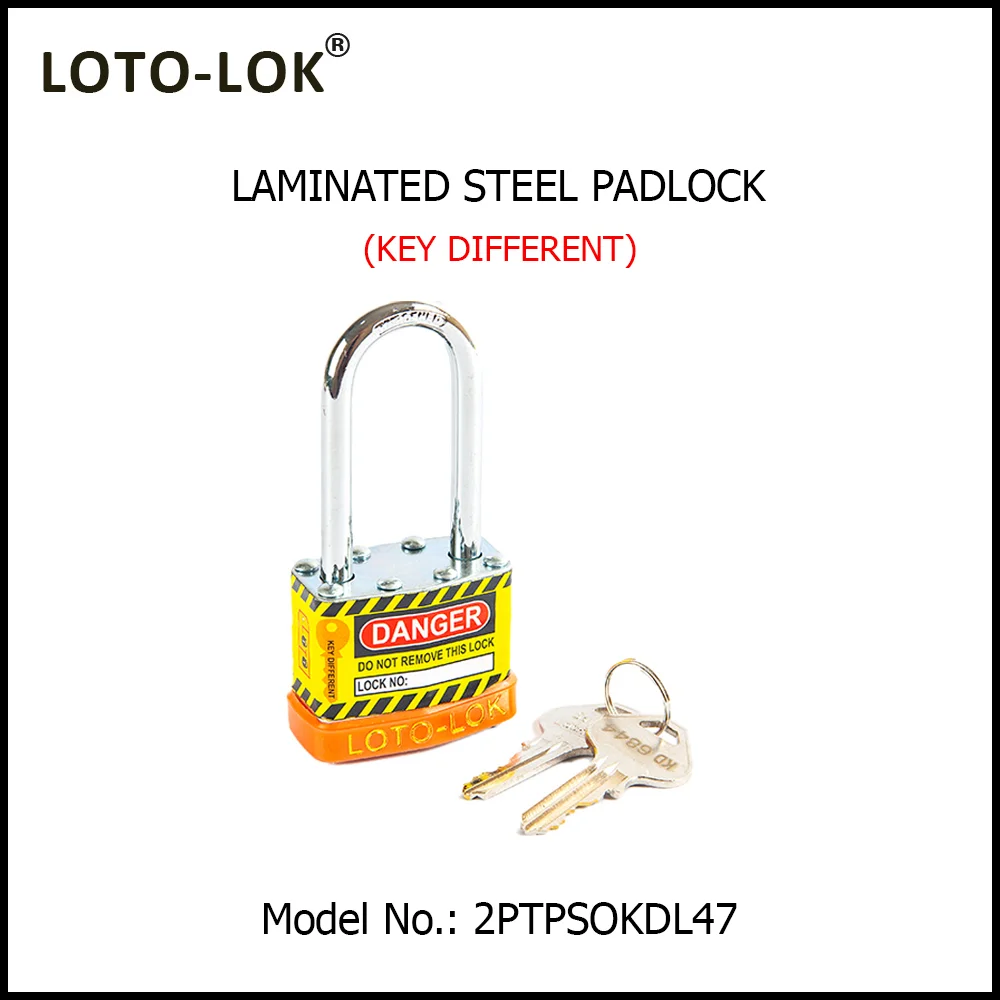 Laminated Steel Safety Lockout Padlock - Steel Laminated Body with LONG Chrome Plated Steel Shackle, with ORANGE color Bumper. Model No: 2PTPSOKDL47