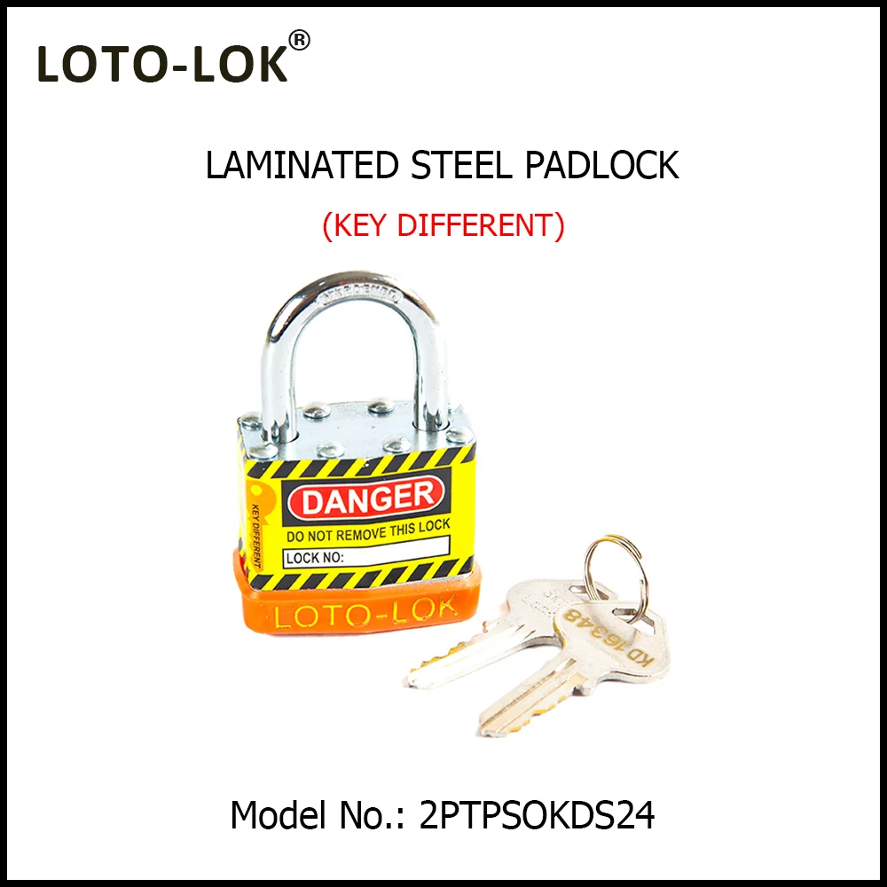 Laminated Steel Safety Lockout Padlock - Steel Laminated Body with REGULAR Chrome Plated Steel Shackle, with ORANGE color Bumper. Model No: 2PTPSOKDS24