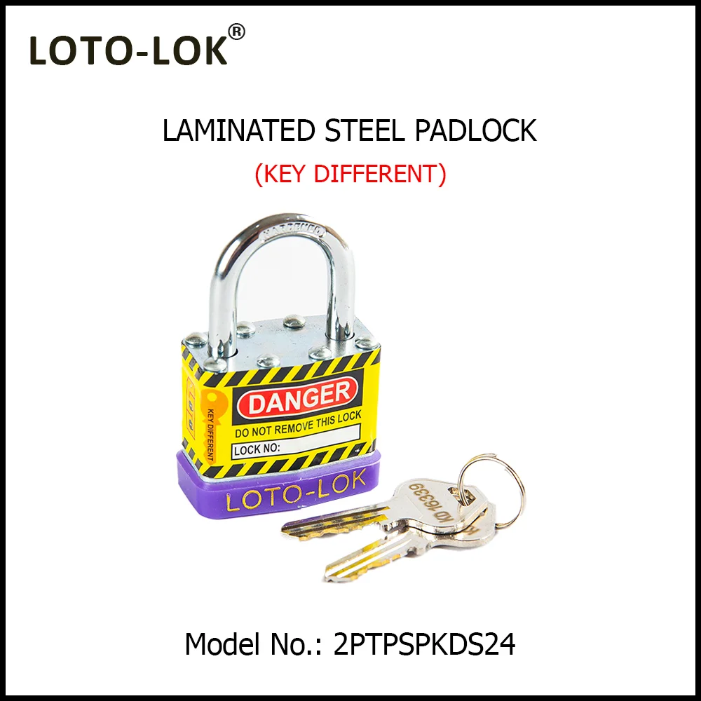 Laminated Steel Safety Lockout Padlock - Steel Laminated Body with REGULAR Chrome Plated Steel Shackle, with PURPLE color Bumper. Model No: 2PTPSPKDS24