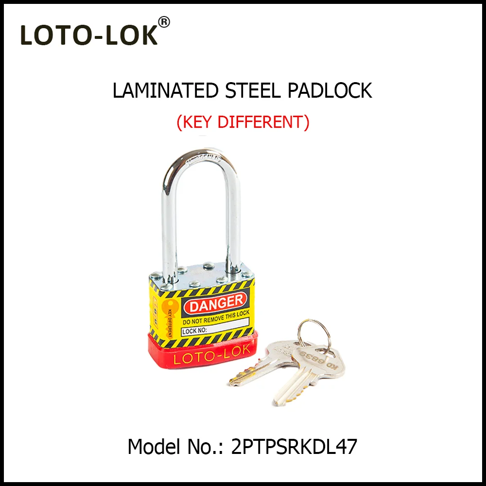 Laminated Steel Safety Lockout Padlock - Steel Laminated Body with LONG Chrome Plated Steel Shackle, with RED color Bumper. Model No: 2PTPSRKDL47