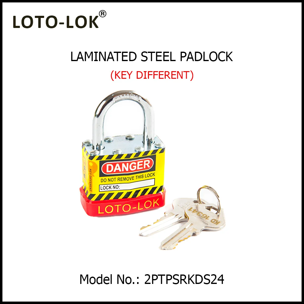 Laminated Steel Safety Lockout Padlock - Steel Laminated Body with REGULAR Chrome Plated Steel Shackle, with RED color Bumper. Model No: 2PTPSRKDS24