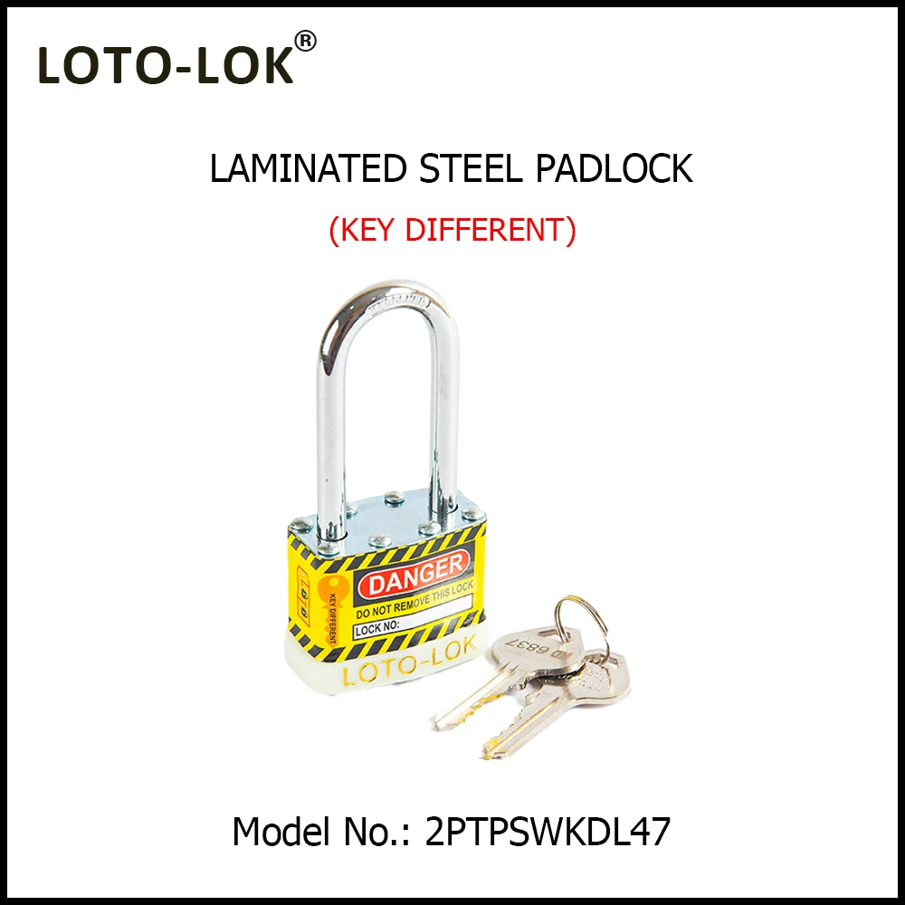 Laminated Steel Safety Lockout Padlock - Steel Laminated Body with LONG Chrome Plated Steel Shackle, with WHITE color Bumper. Model No: 2PTPSWKDL47