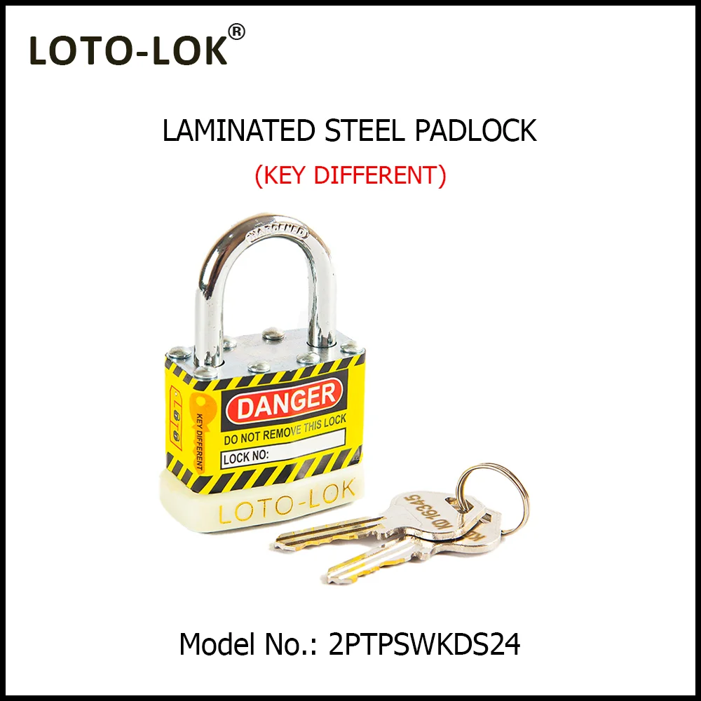 Laminated Steel Safety Lockout Padlock - Steel Laminated Body with REGULAR Chrome Plated Steel Shackle, with WHITE color Bumper. Model No: 2PTPSWKDS24