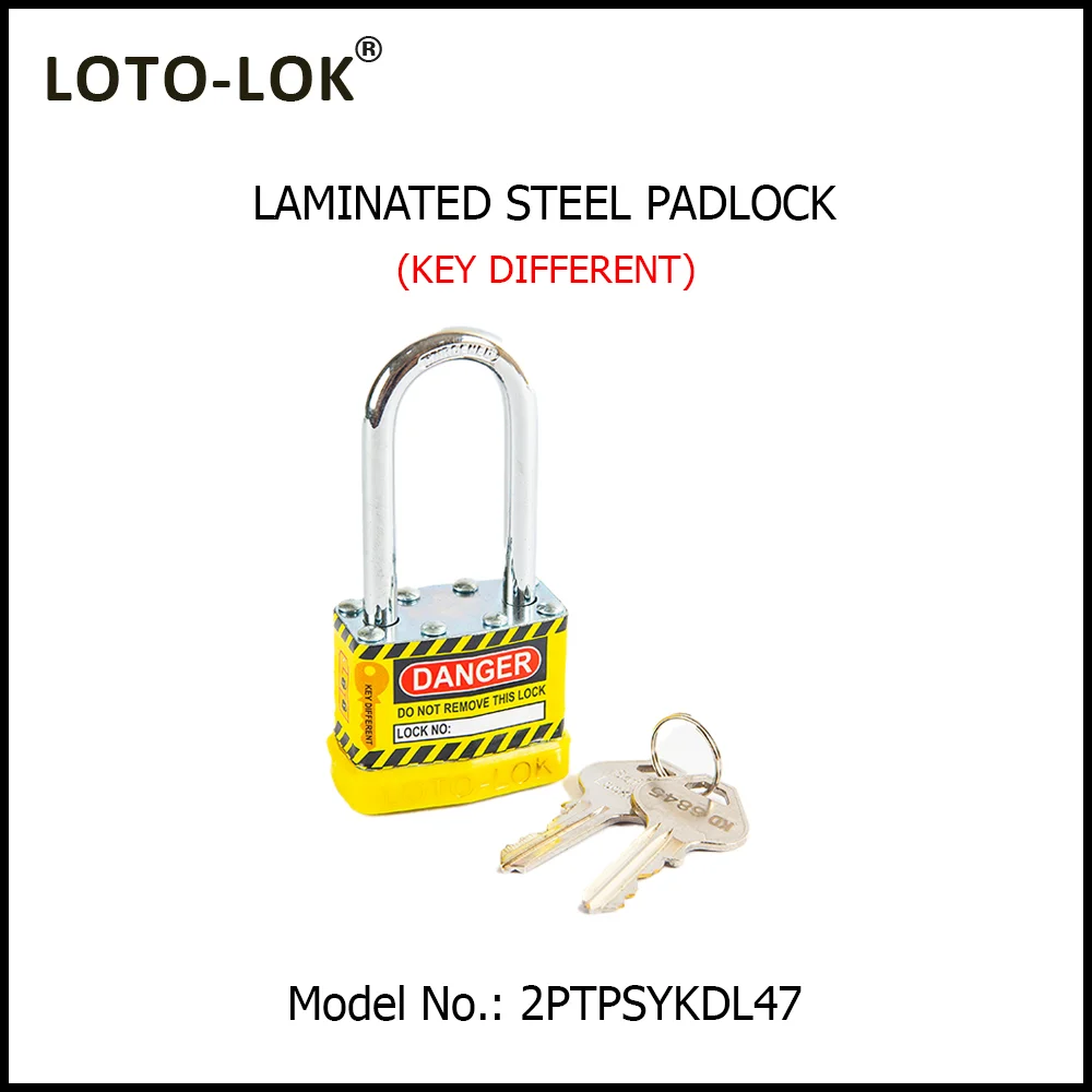 Laminated Steel Safety Lockout Padlock - Steel Laminated Body with LONG Chrome Plated Steel Shackle, with YELLOW color Bumper. Model No: 2PTPSYKDL47