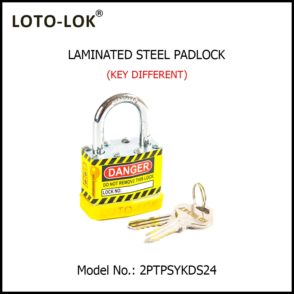 Laminated Steel Safety Lockout Padlock - Steel Laminated Body with REGULAR Chrome Plated Steel Shackle, with YELLOW color Bumper. Model No: 2PTPSYKDS24