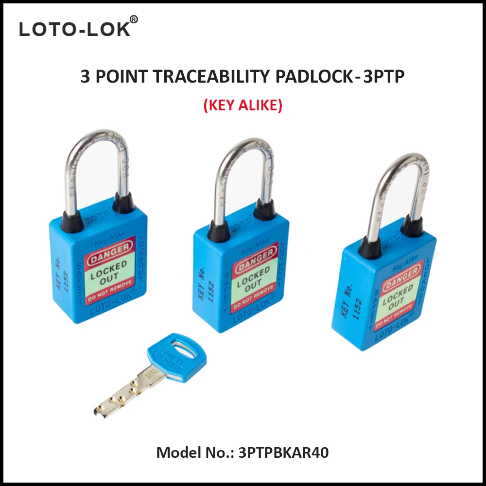 3-PTP (Three Point Traceability Padlock). <BR>Color: BLUE. Stainless Steel (SS304 Grade) REGULAR Shackle. Model No: 3PTPBKAR40