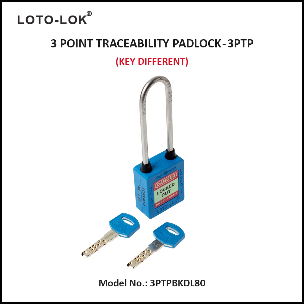 3-PTP (Three Point Traceability Padlock). <BR>Color: BLUE. Stainless Steel (SS304 Grade) LONG Shackle. Model No: 3PTPBKDL80