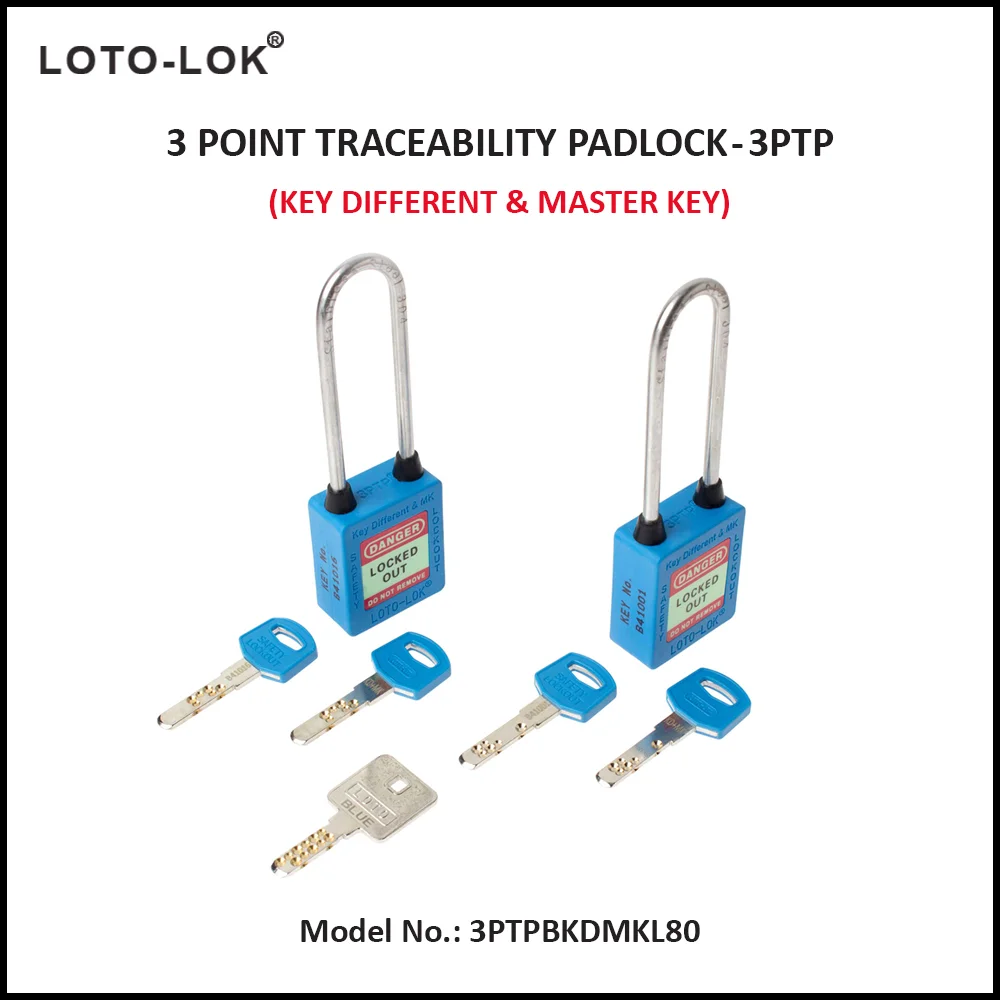 3-PTP (Three Point Traceability Padlock). <BR>Color: BLUE. Stainless Steel (SS304 Grade) LONG Shackle. Model No: 3PTPBKDMKL80