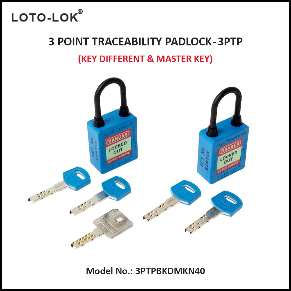 3-PTP (Three Point Traceability Padlock). <BR>Color: BLUE. Non Conductive REGULAR Shackle. Model No: 3PTPBKDMKN40