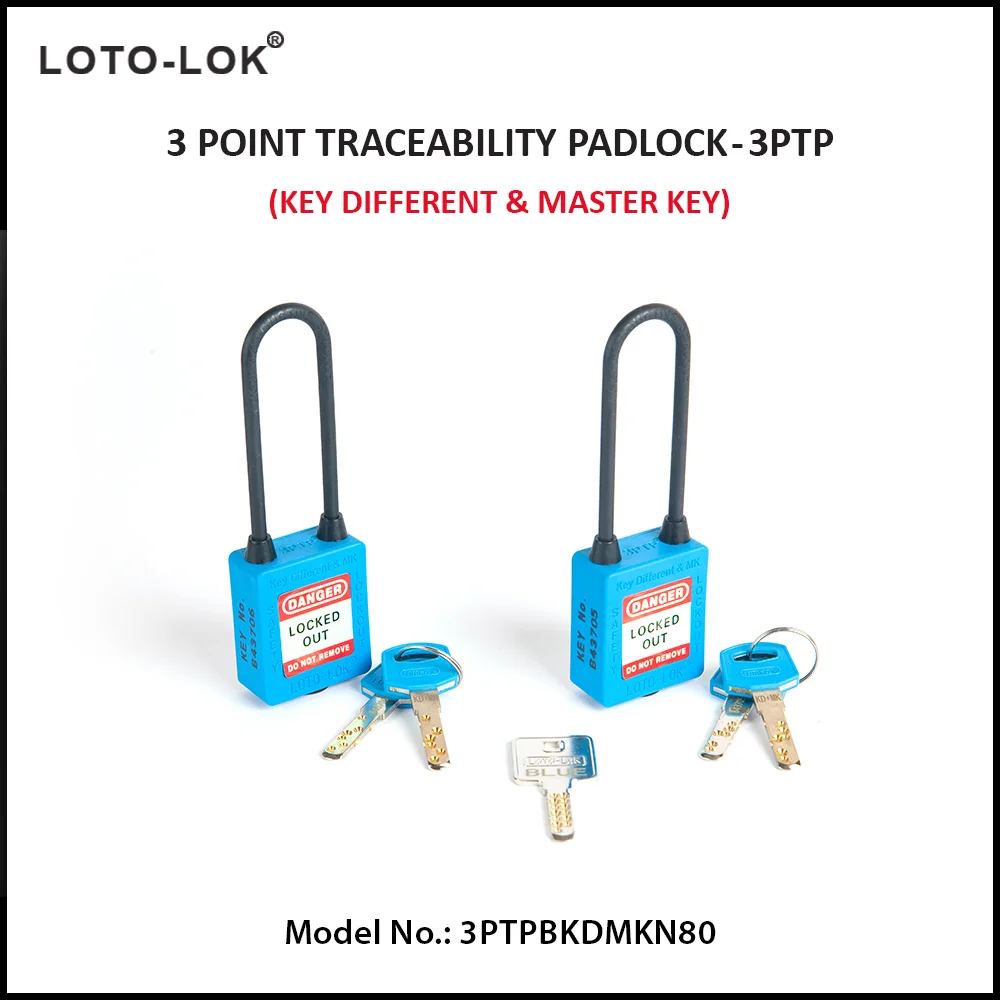 3-PTP (Three Point Traceability Padlock). <BR>Color: BLUE. Non Conductive LONG Shackle. Model No: 3PTPBKDMKN80