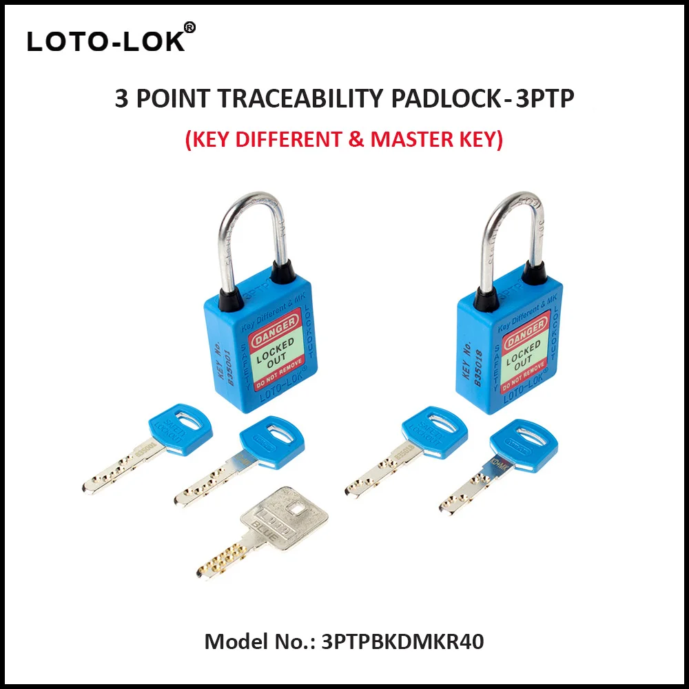 3-PTP (Three Point Traceability Padlock). <BR>Color: BLUE. Stainless Steel (SS304 Grade) REGULAR Shackle. Model No: 3PTPBKDMKR40