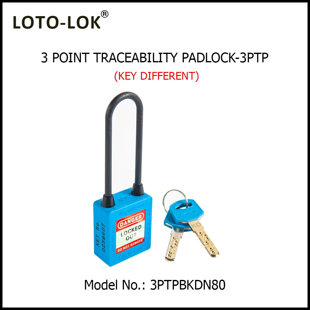 3-PTP (Three Point Traceability Padlock). <BR>Color: BLUE. Non Conductive LONG Shackle. Model No: 3PTPBKDN80