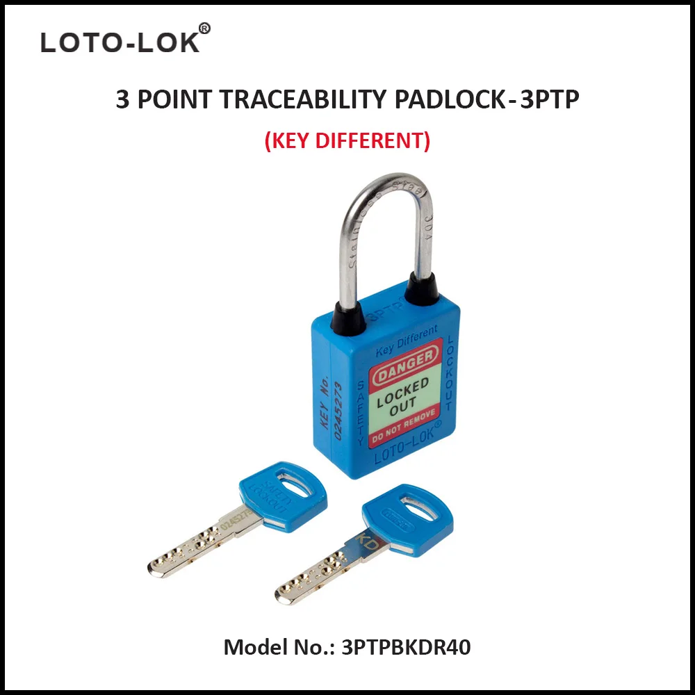 3-PTP (Three Point Traceability Padlock). <BR>Color: BLUE. Stainless Steel (SS304 Grade) REGULAR Shackle. Model No: 3PTPBKDR40