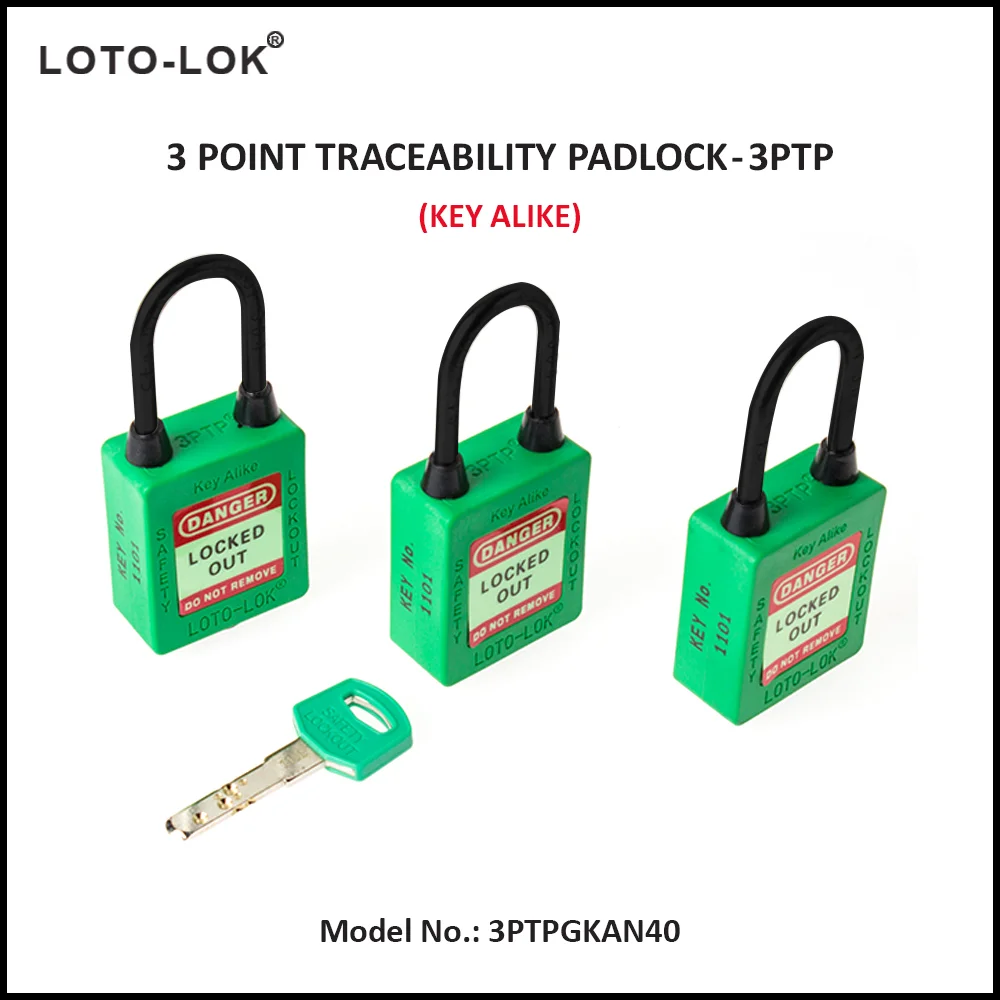 3-PTP (Three Point Traceability Padlock). <BR>Color: GREEN. Non Conductive REGULAR Shackle. Model No: 3PTPGKAN40