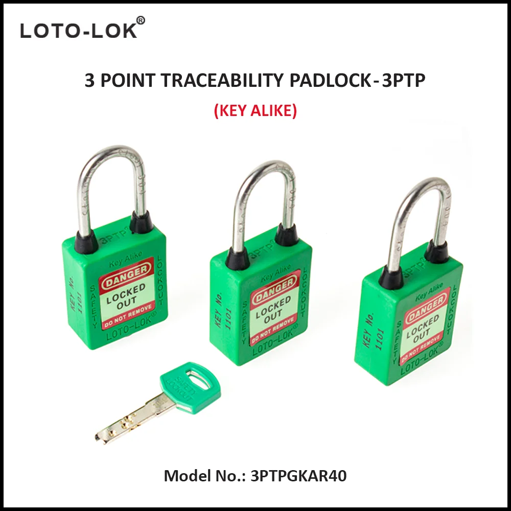 3-PTP (Three Point Traceability Padlock). <BR>Color: GREEN. Stainless Steel (SS304 Grade) REGULAR Shackle. Model No: 3PTPGKAR40