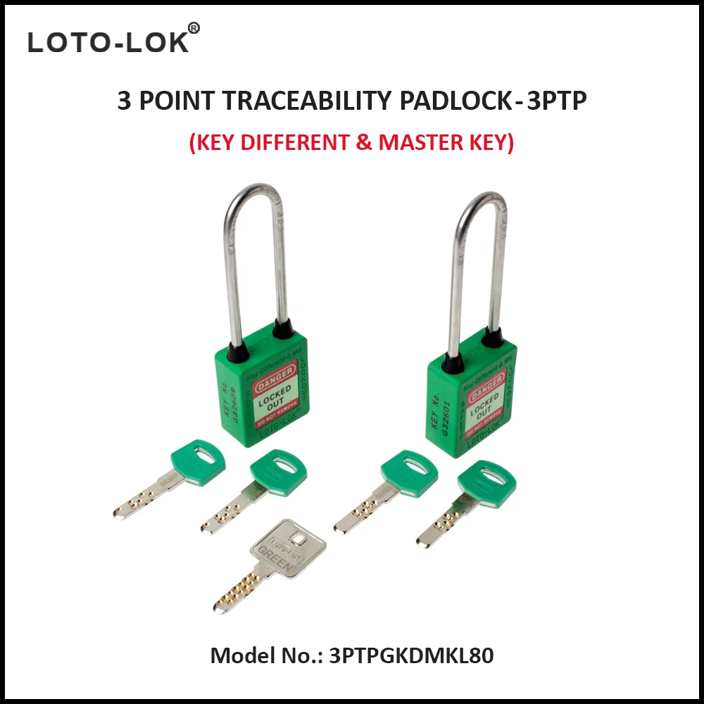 3-PTP (Three Point Traceability Padlock). <BR>Color: GREEN. Stainless Steel (SS304 Grade) LONG Shackle. Model No: 3PTPGKDMKL80