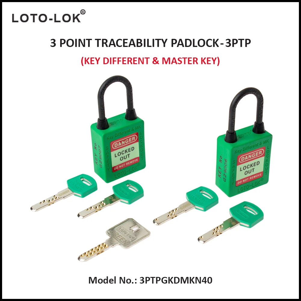 3-PTP (Three Point Traceability Padlock). <BR>Color: GREEN. Non Conductive REGULAR Shackle. Model No: 3PTPGKDMKN40