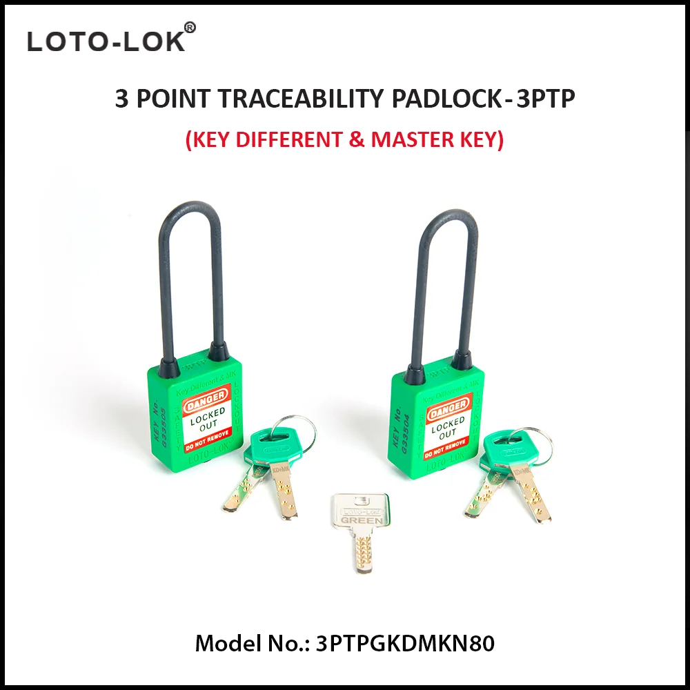 3-PTP (Three Point Traceability Padlock). <BR>Color: GREEN. Non Conductive LONG Shackle. Model No: 3PTPGKDMKN80