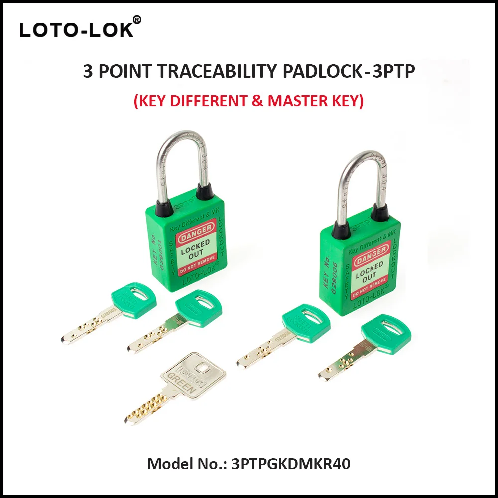 3-PTP (Three Point Traceability Padlock). <BR>Color: GREEN. Stainless Steel (SS304 Grade) REGULAR Shackle. Model No: 3PTPGKDMKR40