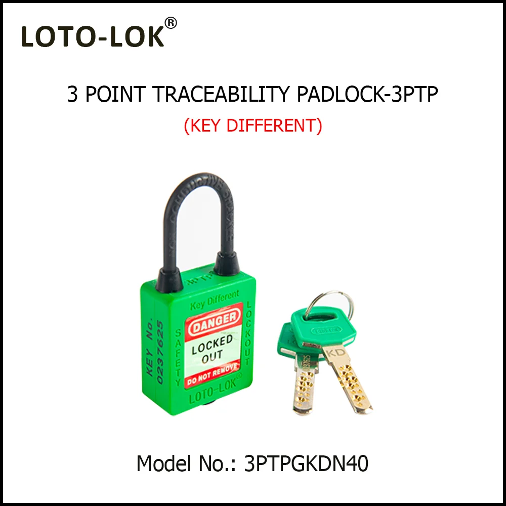 3-PTP (Three Point Traceability Padlock). <BR>Color: GREEN. Non Conductive REGULAR Shackle. Model No: 3PTPGKDN40