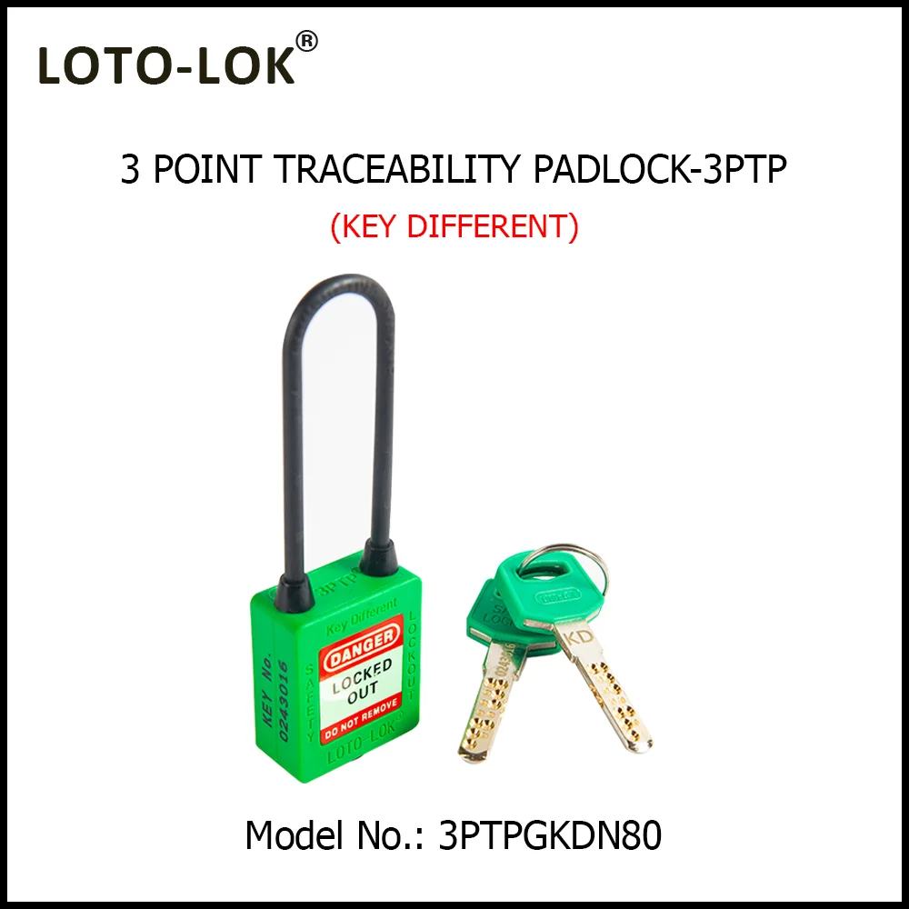 3-PTP (Three Point Traceability Padlock). <BR>Color: GREEN. Non Conductive LONG Shackle. Model No: 3PTPGKDN80