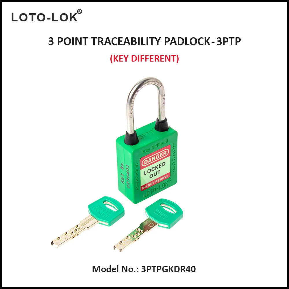 3-PTP (Three Point Traceability Padlock). <BR>Color: GREEN. Stainless Steel (SS304 Grade) REGULAR Shackle. Model No: 3PTPGKDR40