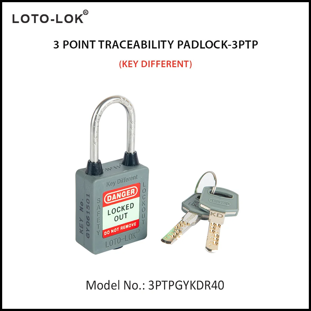 3-PTP (Three Point Traceability Padlock). <BR>Color: GREY. Stainless Steel (SS304 Grade) REGULAR Shackle. Model No: 3PTPGYKDR40