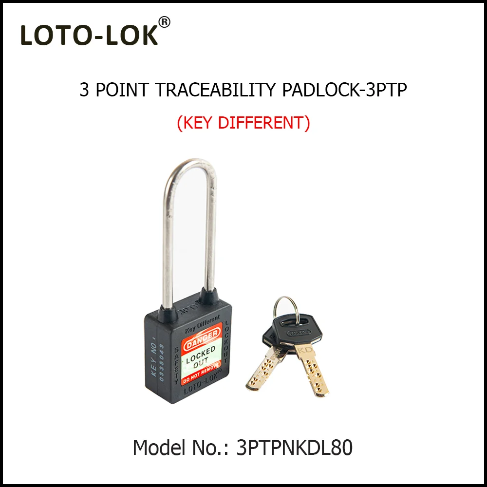 3-PTP (Three Point Traceability Padlock). <BR>Color: NOIR (BLACK). Stainless Steel (SS304 Grade) LONG Shackle. Model No: 3PTPNKDL80