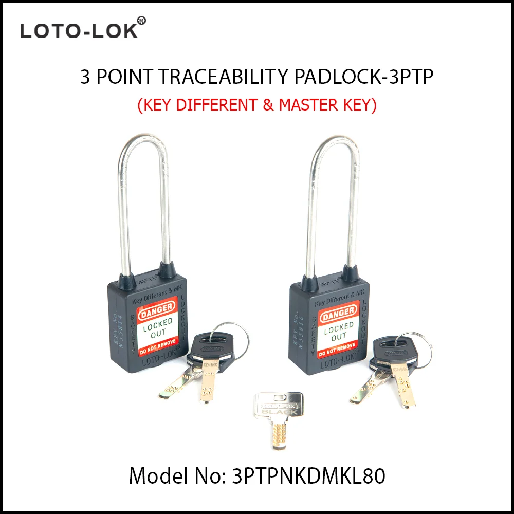 3-PTP (Three Point Traceability Padlock). <BR>Color: NOIR (BLACK). Stainless Steel (SS304 Grade) LONG Shackle. Model No: 3PTPNKDMKL80