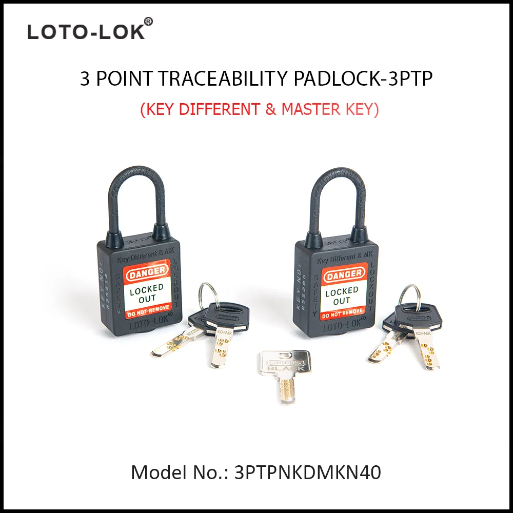 3-PTP (Three Point Traceability Padlock). <BR>Color: NOIR (BLACK). Non Conductive REGULAR Shackle. Model No: 3PTPNKDMKN40