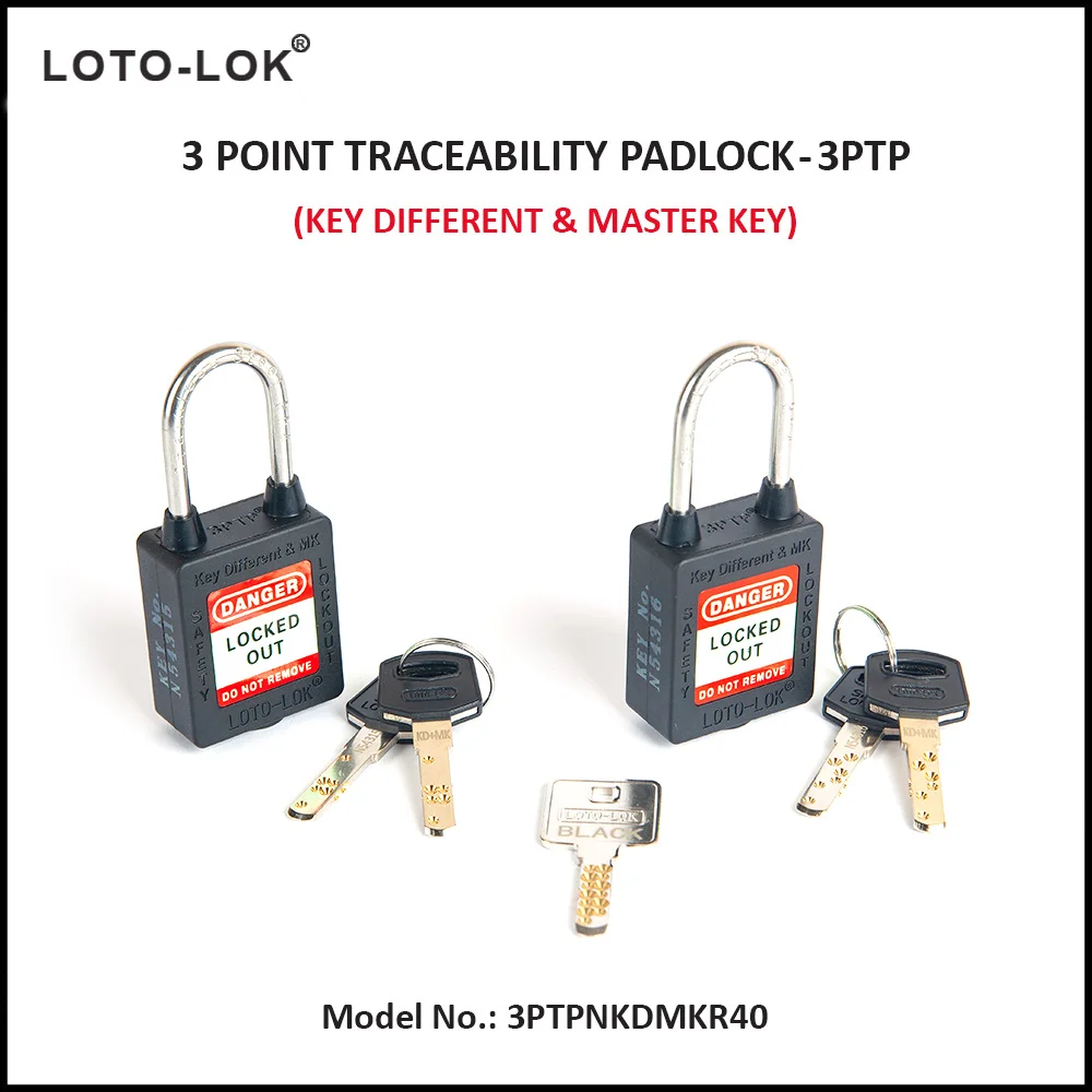 3-PTP (Three Point Traceability Padlock). <BR>Color: NOIR (BLACK). Stainless Steel (SS304 Grade) REGULAR Shackle. Model No: 3PTPNKDMKR40