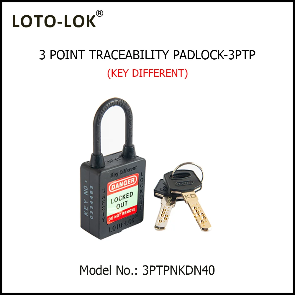 3-PTP (Three Point Traceability Padlock). <BR>Color: NOIR (BLACK). Non Conductive REGULAR Shackle. Model No: 3PTPNKDN40