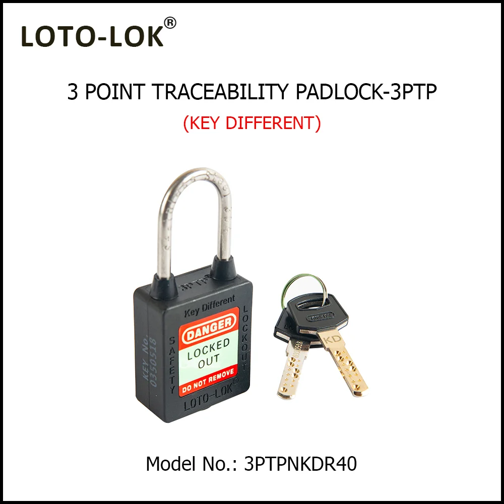 3-PTP (Three Point Traceability Padlock). <BR>Color: NOIR (BLACK). Stainless Steel (SS304 Grade) REGULAR Shackle. Model No: 3PTPNKDR40