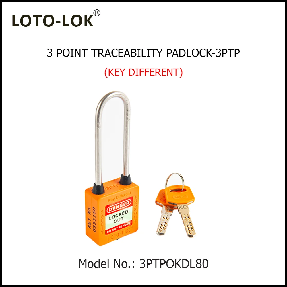 3-PTP (Three Point Traceability Padlock). <BR>Color: ORANGE. Stainless Steel (SS304 Grade) LONG Shackle. Model No: 3PTPOKDL80