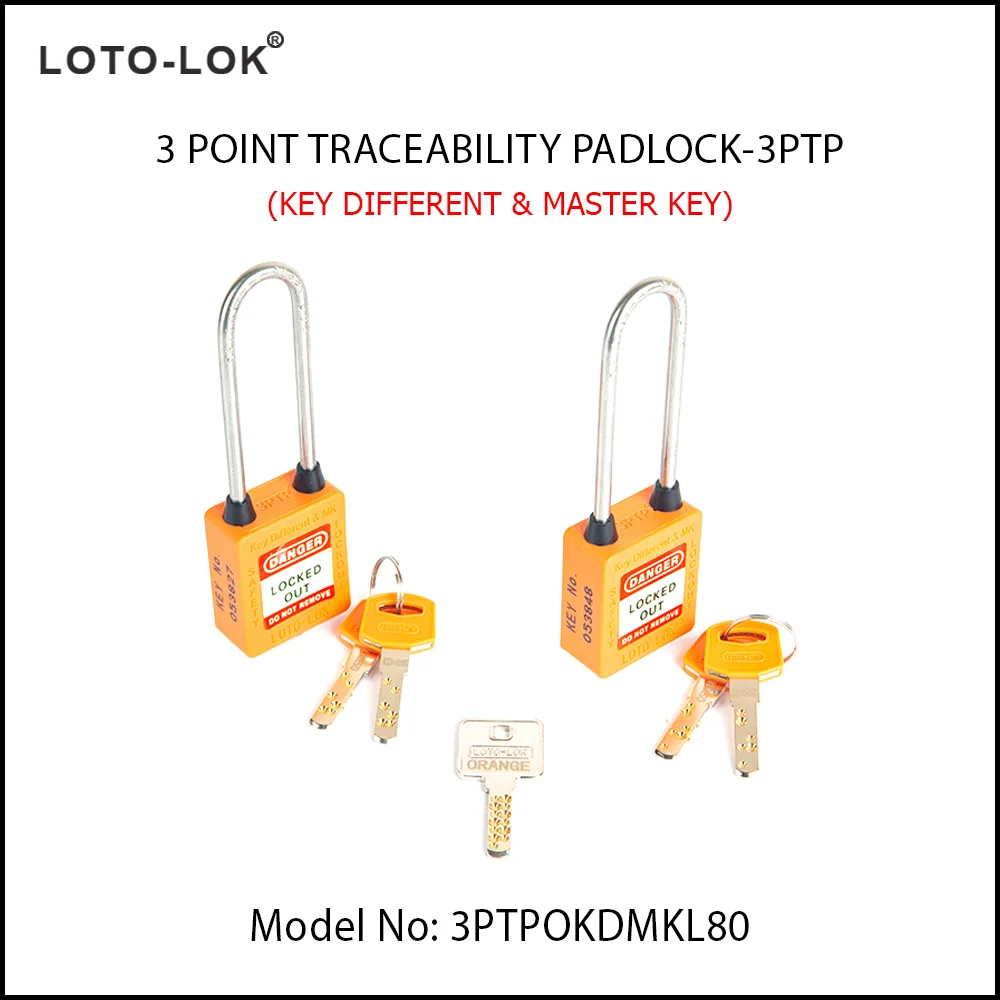 3-PTP (Three Point Traceability Padlock). <BR>Color: ORANGE. Stainless Steel (SS304 Grade) LONG Shackle. Model No: 3PTPOKDMKL80