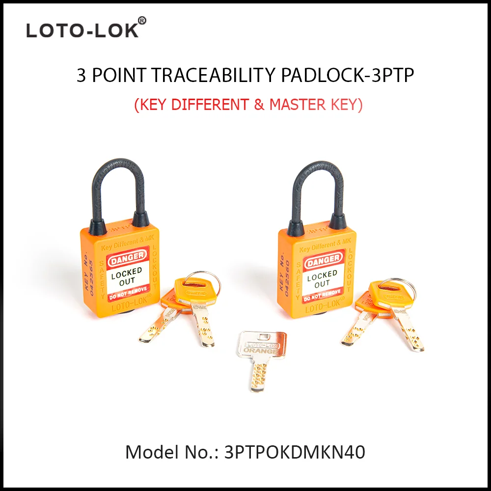 3-PTP (Three Point Traceability Padlock). <BR>Color: ORANGE. Non Conductive REGULAR Shackle. Model No: 3PTPOKDMKN40