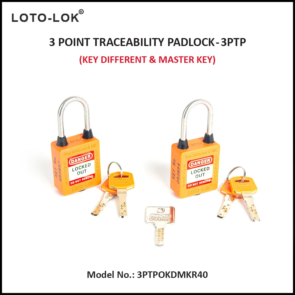 3-PTP (Three Point Traceability Padlock). <BR>Color: ORANGE. Stainless Steel (SS304 Grade) REGULAR Shackle. Model No: 3PTPOKDMKR40