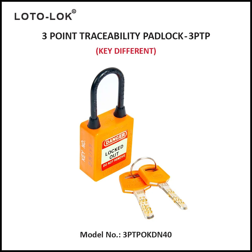 3-PTP (Three Point Traceability Padlock). <BR>Color: ORANGE. Non Conductive REGULAR Shackle. Model No: 3PTPOKDN40