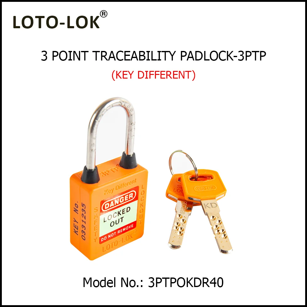 3-PTP (Three Point Traceability Padlock). <BR>Color: ORANGE. Stainless Steel (SS304 Grade) REGULAR Shackle. Model No: 3PTPOKDR40