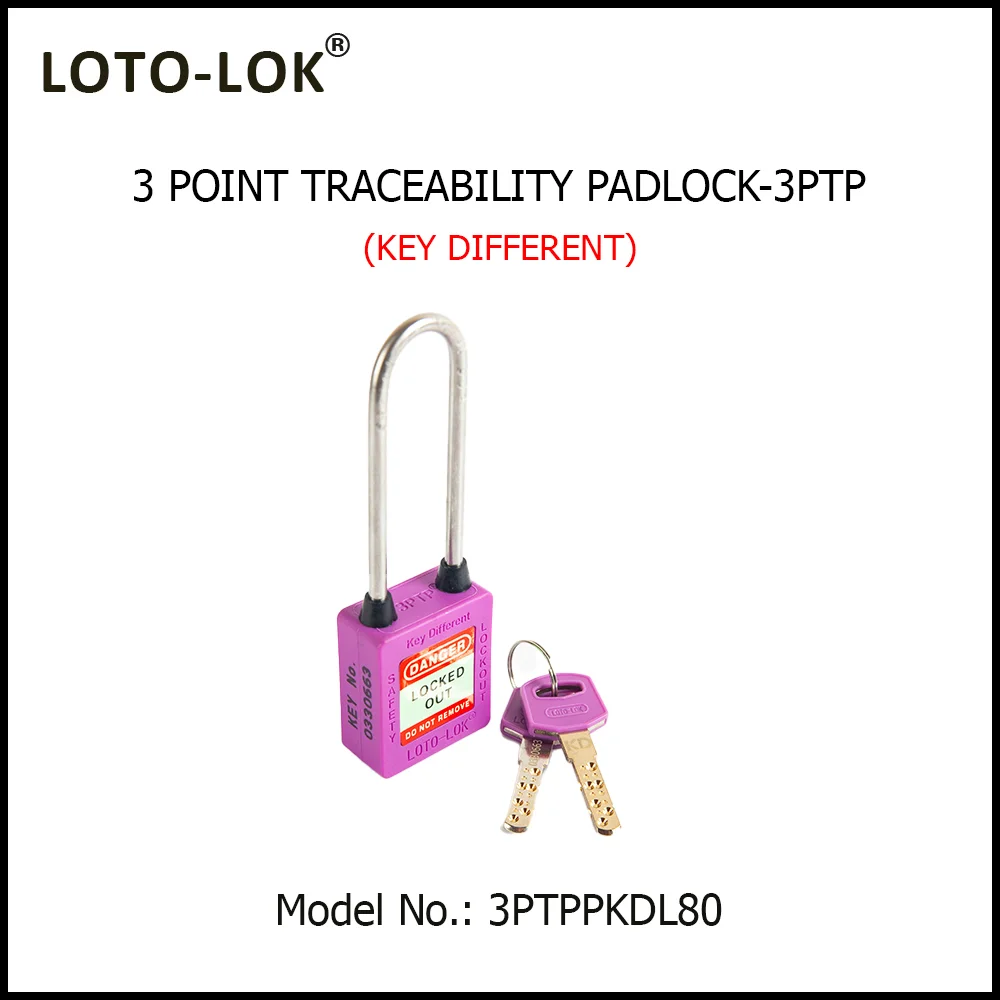 3-PTP (Three Point Traceability Padlock). <BR>Color: PURPLE. Stainless Steel (SS304 Grade) LONG Shackle. Model No: 3PTPPKDL80