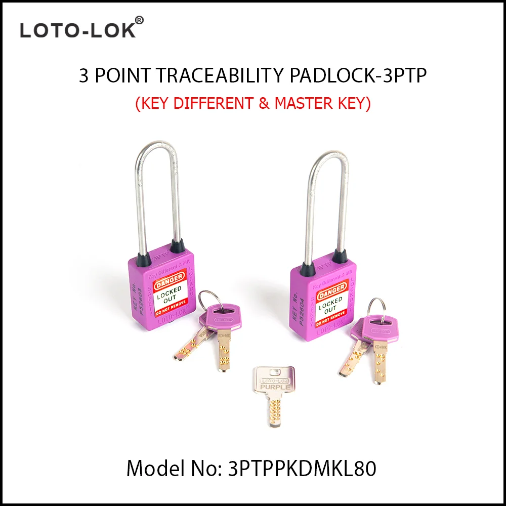 3-PTP (Three Point Traceability Padlock). <BR>Color: PURPLE. Stainless Steel (SS304 Grade) LONG Shackle. Model No: 3PTPPKDMKL80