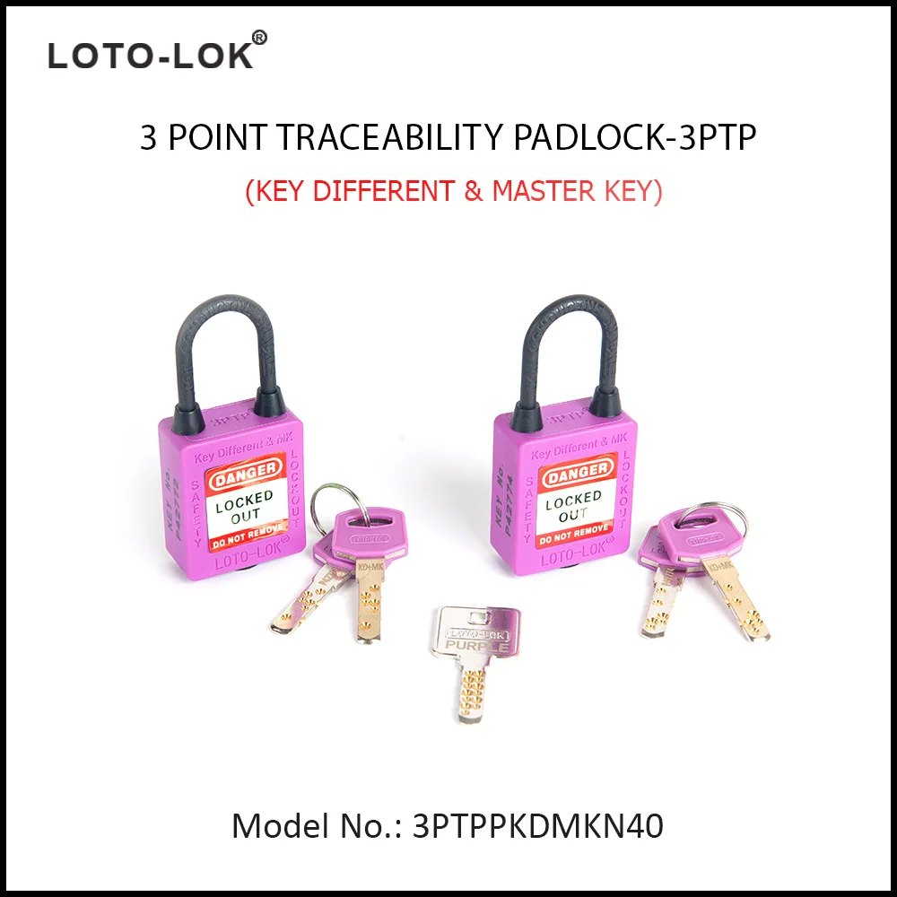 3-PTP (Three Point Traceability Padlock). <BR>Color: PURPLE. Non Conductive REGULAR Shackle. Model No: 3PTPPKDMKN40