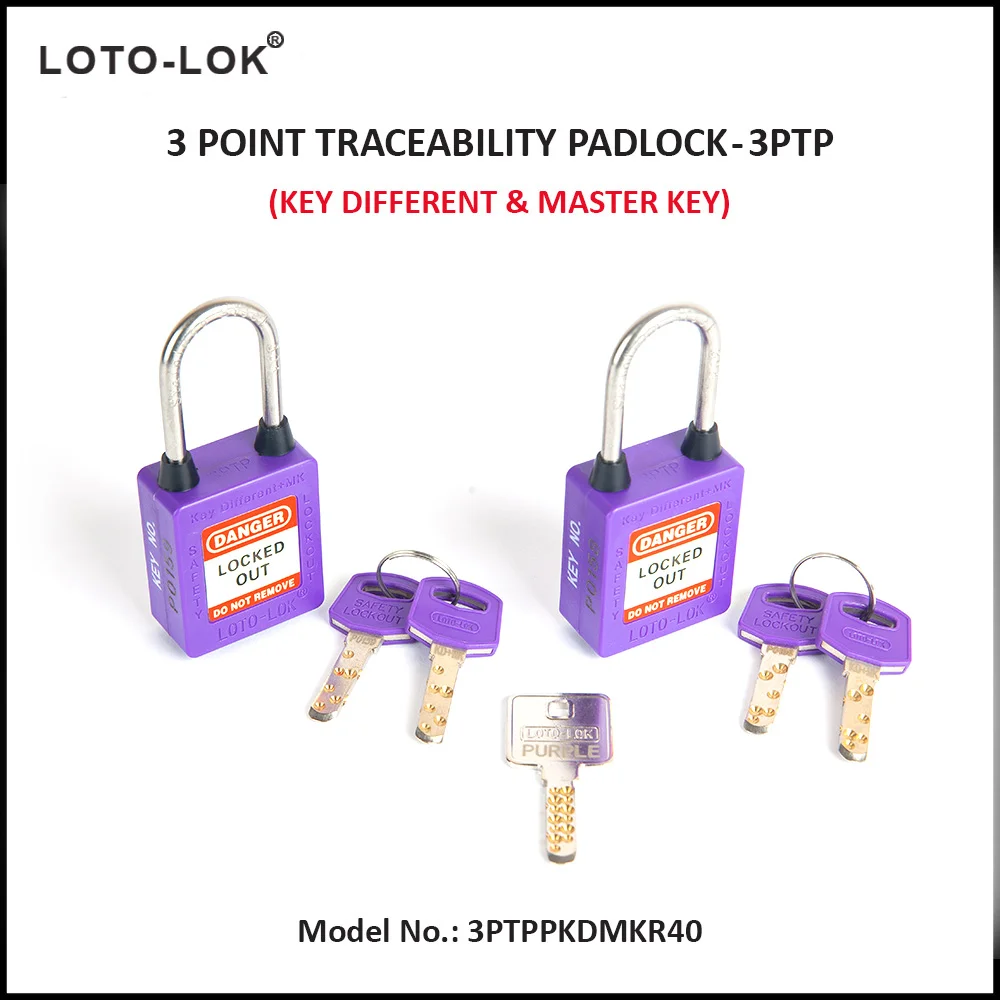 3-PTP (Three Point Traceability Padlock). <BR>Color: PURPLE. Stainless Steel (SS304 Grade) REGULAR Shackle. Model No: 3PTPPKDMKR40