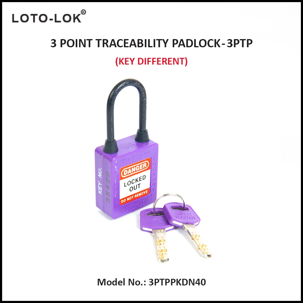 3-PTP (Three Point Traceability Padlock). <BR>Color: PURPLE. Non Conductive REGULAR Shackle. Model No: 3PTPPKDN40