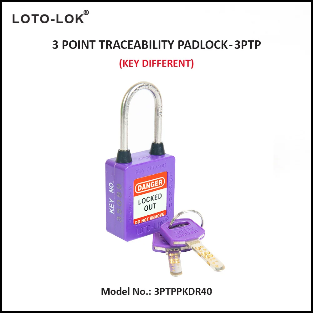 3-PTP (Three Point Traceability Padlock). <BR>Color: PURPLE. Stainless Steel (SS304 Grade) REGULAR Shackle. Model No: 3PTPPKDR40