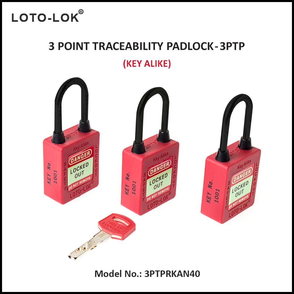 3-PTP (Three Point Traceability Padlock). <BR>Color: RED. Non Conductive REGULAR Shackle. Model No: 3PTPRKAN40