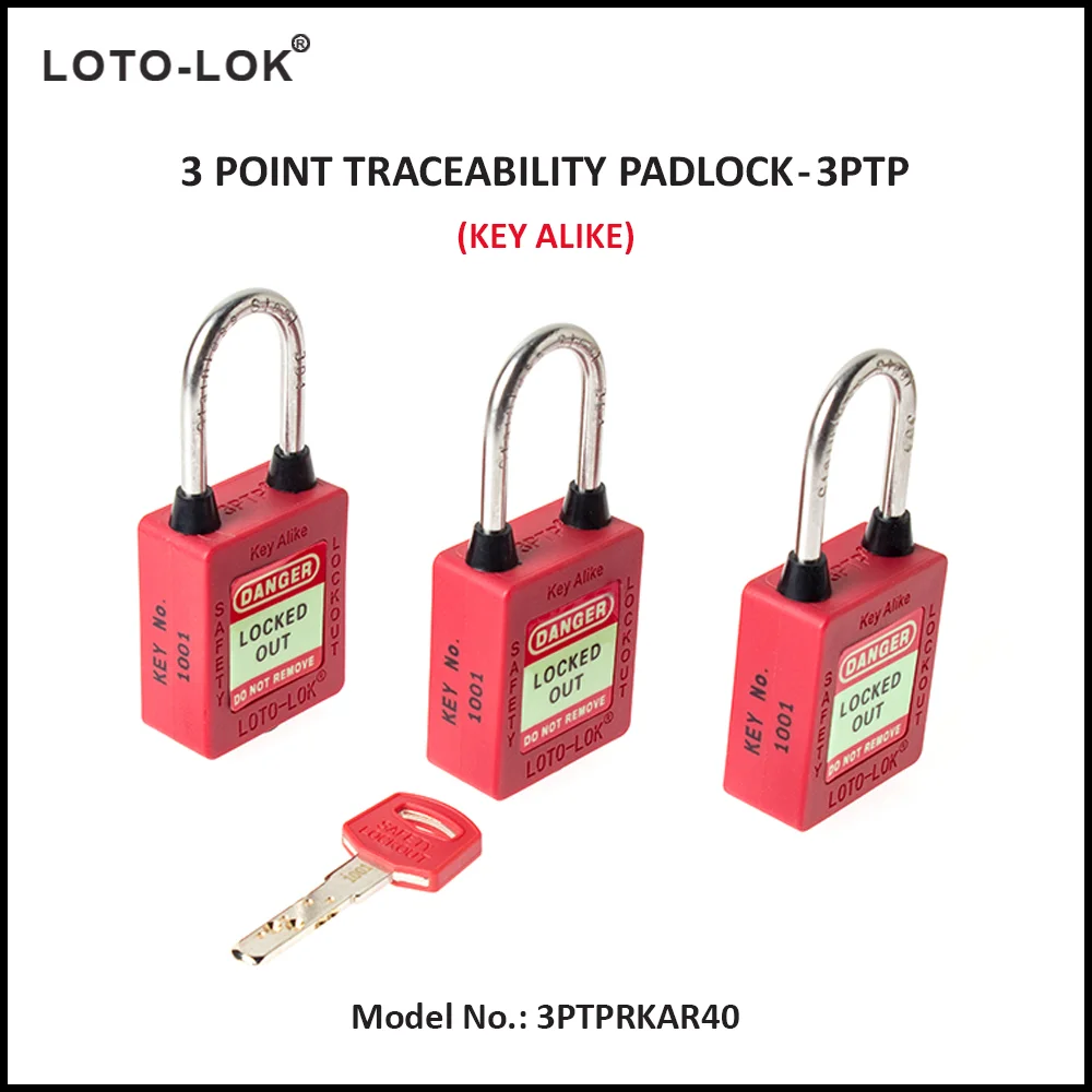 3-PTP (Three Point Traceability Padlock). <BR>Color: RED. Stainless Steel (SS304 Grade) REGULAR Shackle. Model No: 3PTPRKAR40