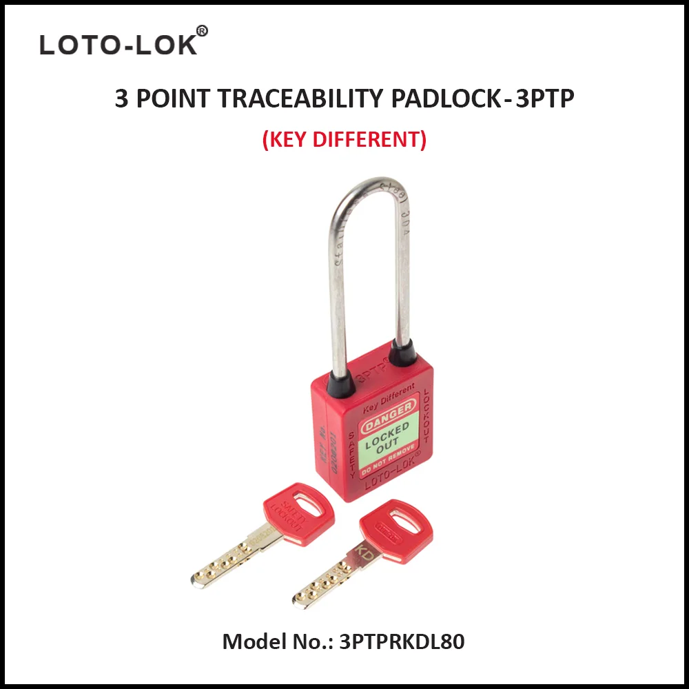 3-PTP (Three Point Traceability Padlock). <BR>Color: RED. Stainless Steel (SS304 Grade) LONG Shackle. Model No: 3PTPRKDL80