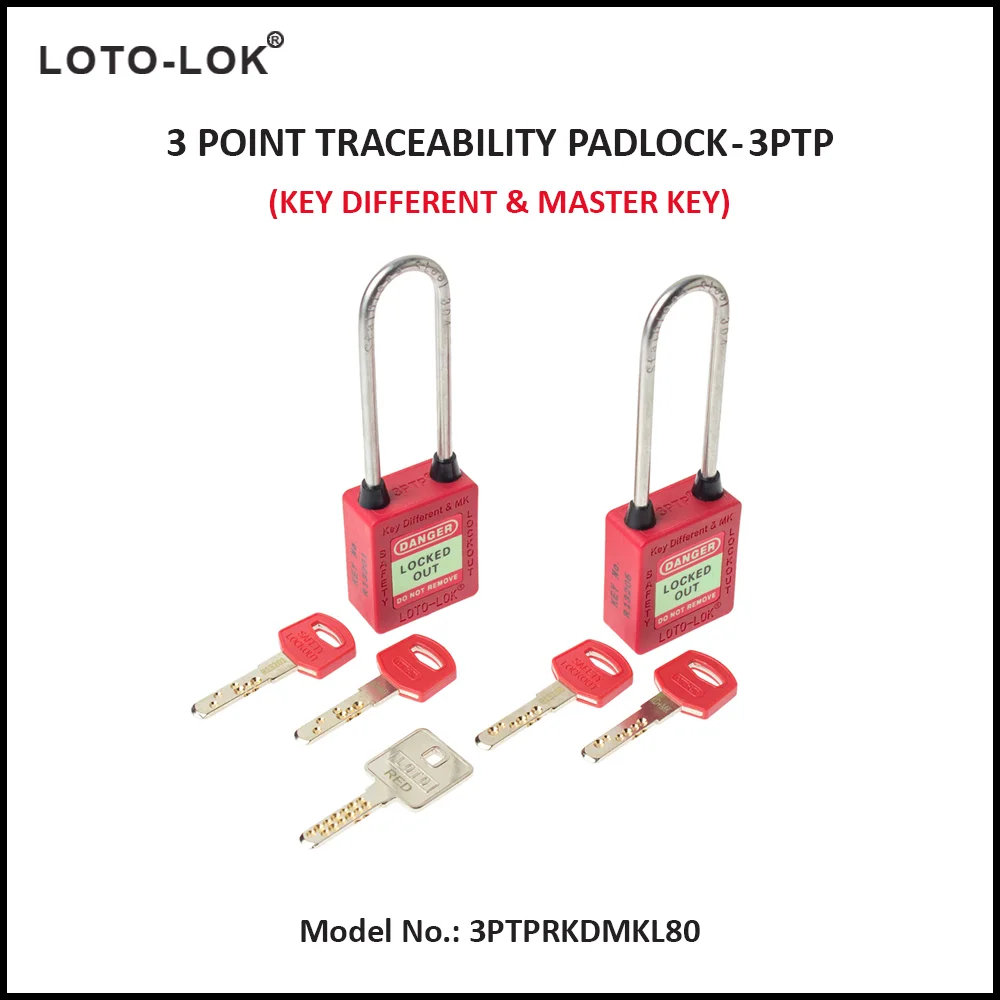 3-PTP (Three Point Traceability Padlock). <BR>Color: RED. Stainless Steel (SS304 Grade) LONG Shackle. Model No: 3PTPRKDMKL80